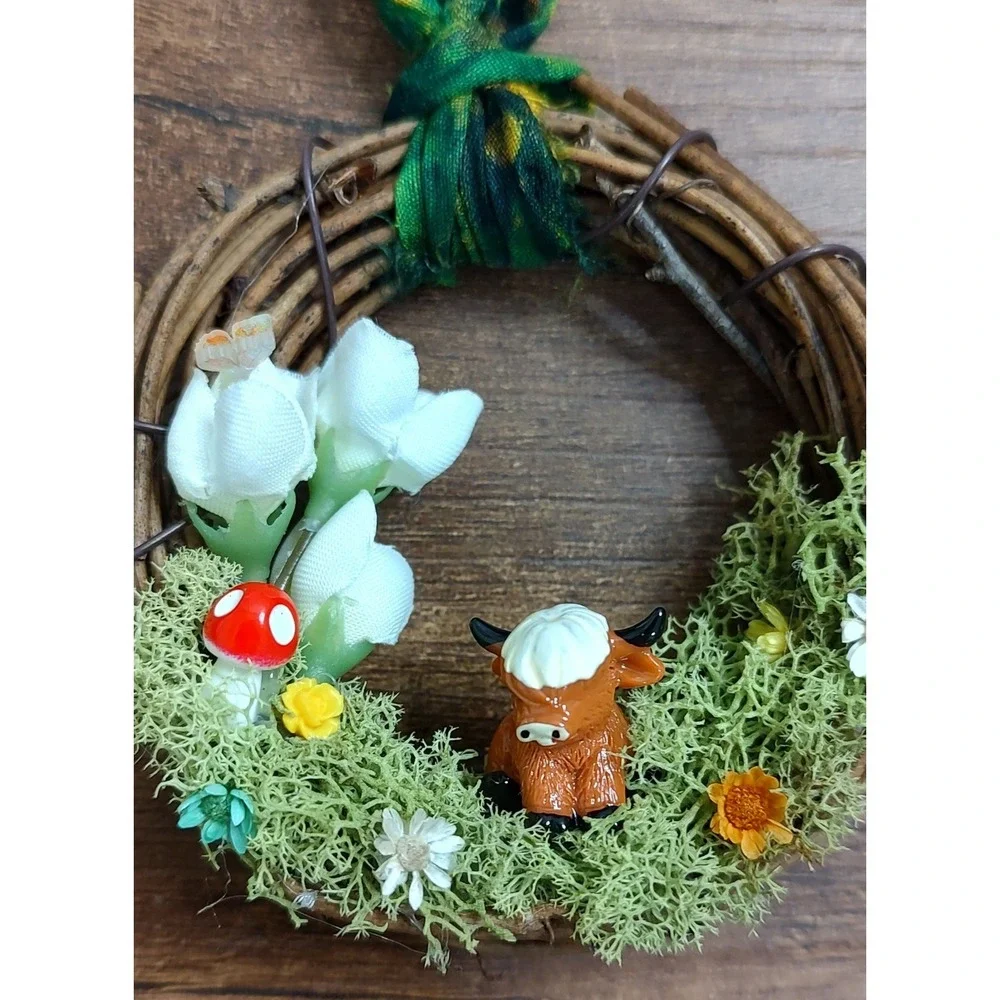 Highland Cow Wreath Christmas Ornament Handmade Diorama Fairy Garden OOAK